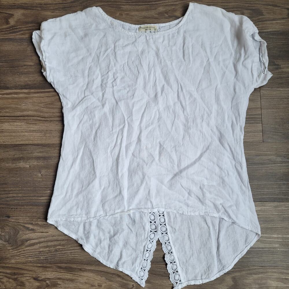 Terzo Millenio Women's High-Low Blouse Top Size S White 100% Linen Round Neck